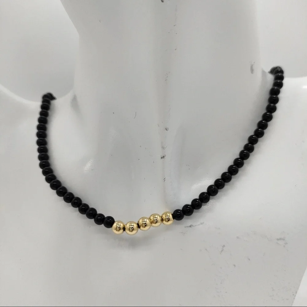 Vintage Black Beads Necklace With 18K Solid Yellow Gold Beads - Picture 5 of 9